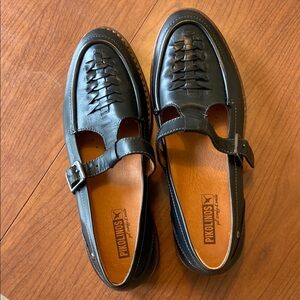 PIKOLINOS Black Leather Woven Mary Jane Sandals